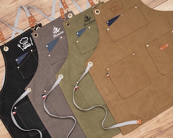 Canvas Apron: Embroidered Men's Apron for Woodworking, Kitchen, BBQ, Adjustable Leather Straps