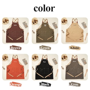 May include: A selection of aprons in brown, green, khaki, orange, black, and grey. Each apron features a cross-back design, two front pockets, and leather detailing. The word "color" is displayed at the top of the image.