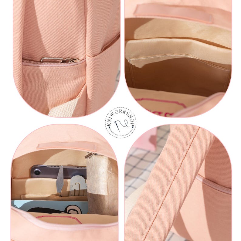Puede incluir: Una mochila de lona rosa claro con un bolsillo frontal con cremallera, bolsillos laterales y un compartimento principal con fundas organizativas internas. El interior contiene un smartphone, una herramienta de metal y papel. Logo KNIW WORKSHOP.