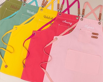 Personalized Canvas Apron: Embroidered Macaron Colors Kitchen Apron for Men Women