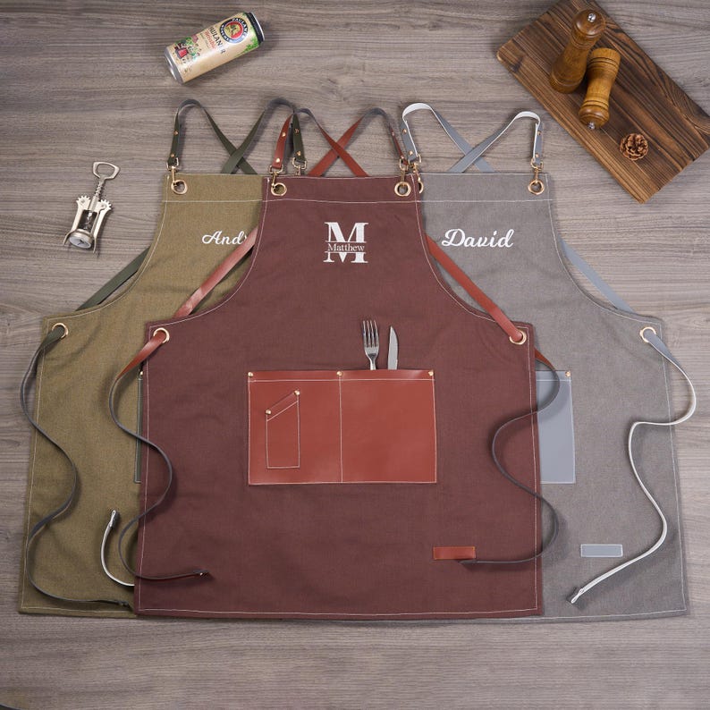 Personalized Canvas Apron with Leather Straps: Embroidered Men's Work Apron image 1