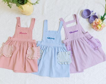 Personalized Toddler Apron: Custom Name Embroidery, Plaid Pockets