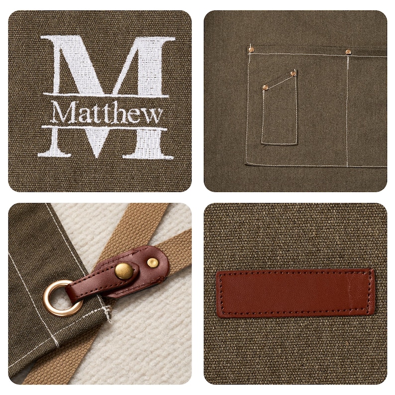 May include: An olive green apron with white embroidered lettering that reads "M Matthew M". The apron features a brown leather strap and a pocket. The fabric is a sturdy material.