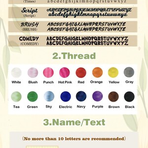 May include: Image showcasing font styles, thread colors, and text customization options. Includes Times, Script, Brush, and Comedy fonts. Features a color palette with shades like white, pink, red, and blue. Text examples show "Mason" and "Elizabeth".