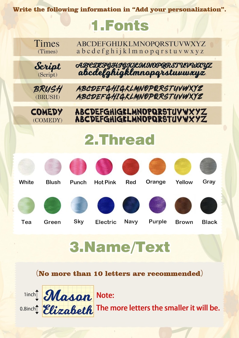 May include: Image showcasing font styles, thread colors, and text customization options. Includes Times, Script, Brush, and Comedy fonts. Features a color palette with shades like white, pink, red, and blue. Text examples show "Mason" and "Elizabeth".