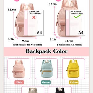 Puede incluir: Una gu&iacute;a de tama&ntilde;os y colores para mochilas. El tama&ntilde;o peque&ntilde;o mide 12.6 pulgadas por 9.8 pulgadas por 4.7 pulgadas, mientras que el grande mide 15.3 pulgadas por 11.4 pulgadas por 5.1 pulgadas. Colores disponibles: rosa, verde, amarillo, gris y negro.