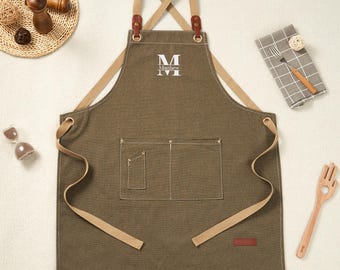 Tablier en toile personnalisé : tablier de cuisine brodé avec poches pour homme, atelier de menuiserie pour barbier
