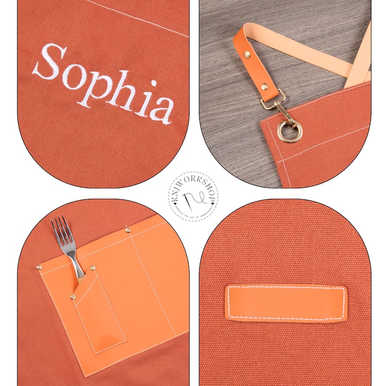 May include: An orange apron with the name "Sophia" embroidered in white. The apron has a leather strap and a pocket with a fork. The apron is designed for use in a kitchen or workshop.