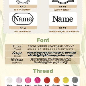 Puede incluir: Una gu&iacute;a de personalizaci&oacute;n con cuatro plantillas de dise&ntilde;o etiquetadas de KF-01 a KF-04, tres estilos de fuente que incluyen Times, Script y RMGrass, y una paleta de diecis&eacute;is colores de hilo desde el blanco al negro para bordar.