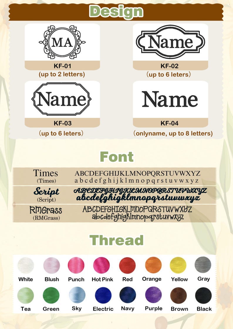 Puede incluir: Una gu&iacute;a de personalizaci&oacute;n con cuatro plantillas de dise&ntilde;o etiquetadas de KF-01 a KF-04, tres estilos de fuente que incluyen Times, Script y RMGrass, y una paleta de diecis&eacute;is colores de hilo desde el blanco al negro para bordar.