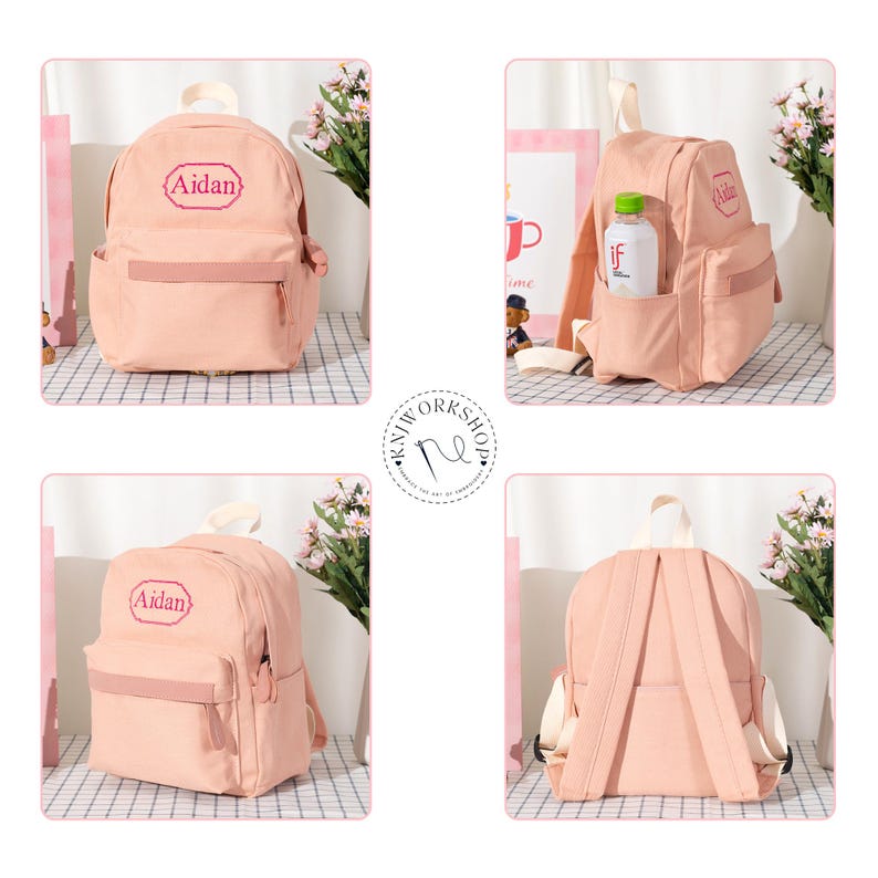 Puede incluir: Una mochila de color rosa claro con asa superior, correas ajustables para los hombros y un bolsillo frontal con cremallera. La parte delantera est&aacute; bordada con el nombre Aidan en un marco decorativo. Incluye bolsillos laterales.