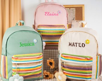 Personalized Toddler Backpack: Embroidered Name, Daisy Charm, Boho Stripes