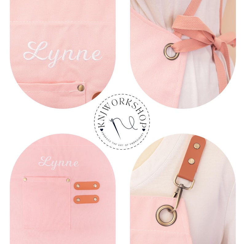 May include: Pink apron with the name "Lynne" embroidered in white script. The apron has a brown leather strap and a pocket with two brown leather accents. The apron is tied with a pink ribbon.