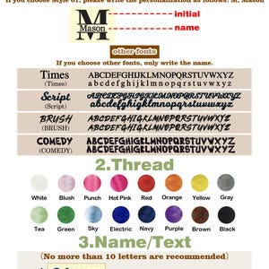 May include: Image showing options for customisation, including fonts (Times, Script, Brush, Comedy), thread colours, and name/text details. The text advises on personalisation and letter limits for the product.