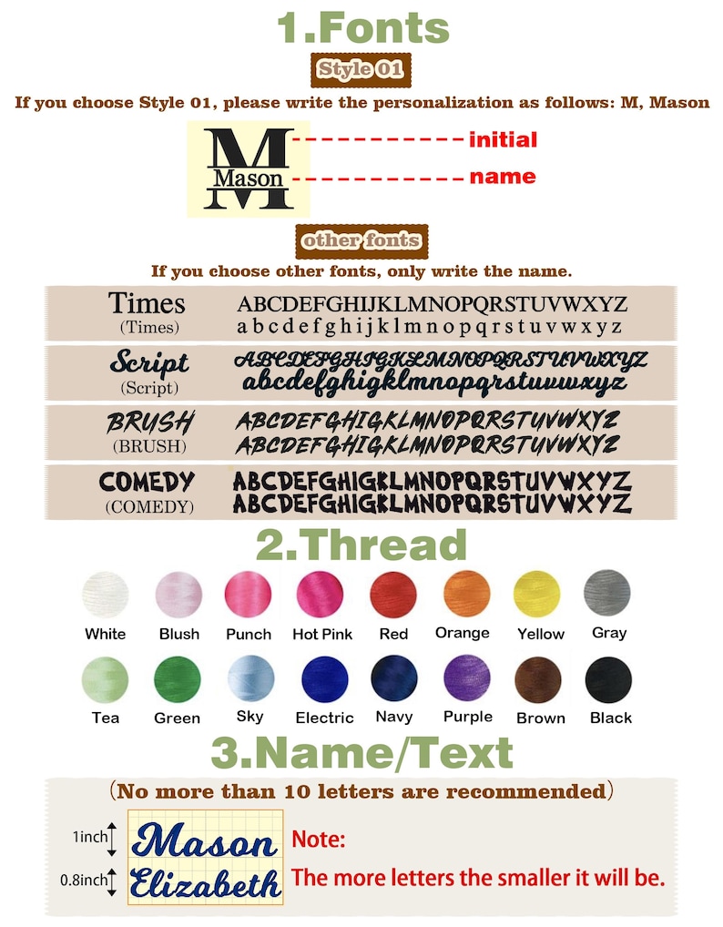 May include: Image showing options for customisation, including fonts (Times, Script, Brush, Comedy), thread colours, and name/text details. The text advises on personalisation and letter limits for the product.