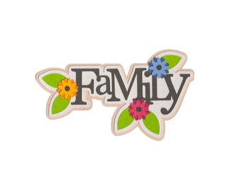 May include: A decorative cutout featuring the word "FaMily" in dark gray letters with a textured white background. The design is accented by three layered paper flowers in orange, blue, and magenta, each paired with bright green leaves.