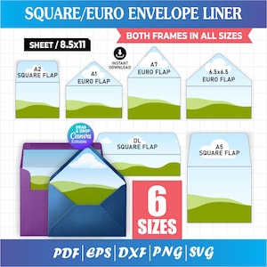 Puede incluir: Una colección digital de forros para sobres cuadrados y Euro en 6 tamaños, incluyendo formatos A2, A1, A7, 6.5x6.5, DL y A5. Los diseños presentan un gráfico de paisaje con colinas verdes y cielo azul. Incluye formatos PDF, EPS, DXF, PNG y SVG.