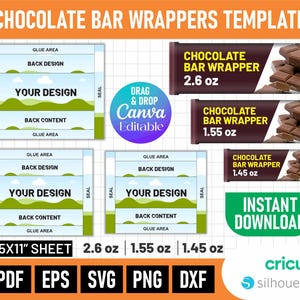 Könnte beinhalten: Vorlage für Schokoriegelverpackungen mit editierbaren Designbereichen. Enthält Vorlagen für 74 g, 44 g und 41 g Riegel. Enthält den Text "Your Design", die Beschriftungen "Back Design" und "Back Content" sowie den Text "Instant Download".