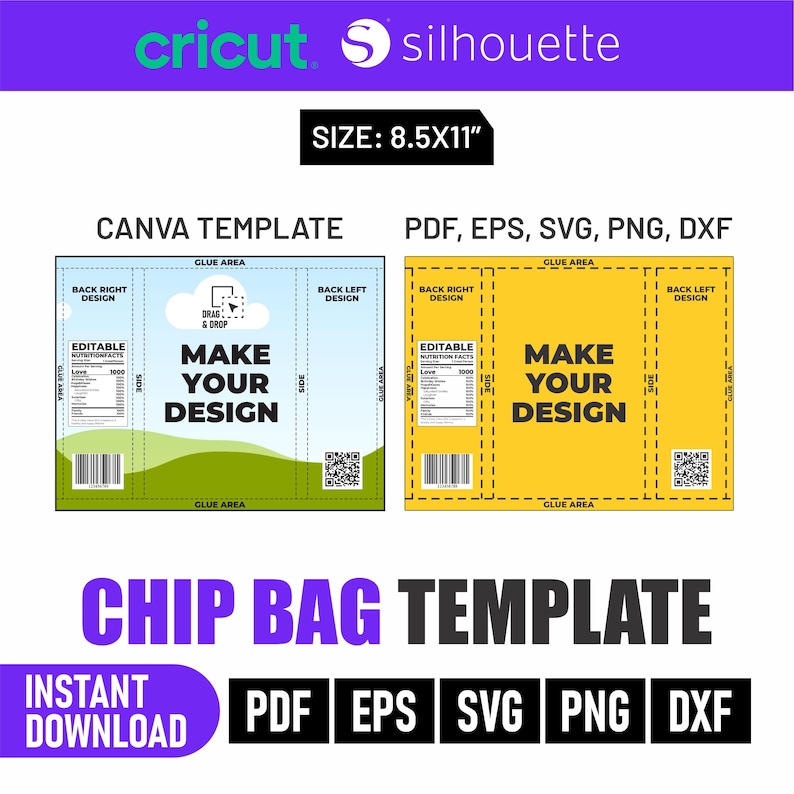 May include: A digital chip bag template with the text "MAKE YOUR DESIGN" and "CHIP BAG TEMPLATE". The template is available in PDF, EPS, SVG, PNG, and DXF formats. The size is 21.59cm x 27.94cm.