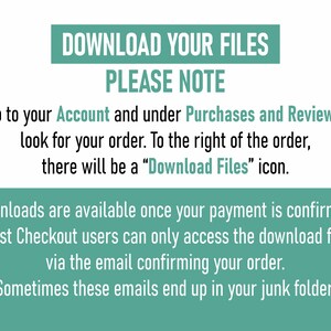 Puede incluir: Un gr&aacute;fico en verde azulado y blanco con instrucciones sobre c&oacute;mo descargar archivos. El texto dice "DOWNLOAD YOUR FILES PLEASE NOTE" y proporciona los pasos para encontrar el icono de descarga en el historial de compras de la cuenta. Tambi&eacute;n menciona que las descargas est&aacute;n disponibles despu&eacute;s de la confirmaci&oacute;n del pago.