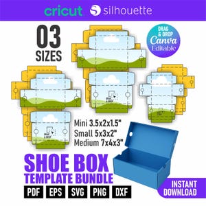 May include: A shoe box template bundle with three sizes: mini (3.5x2x1.5 inches), small (5x3x2 inches), and medium (7x4x3 inches). The design includes a blue shoe box and templates with a landscape design. The bundle is Canva editable and available for instant download.