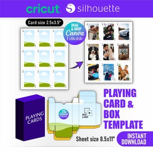 May include: A template for playing cards and a box, with a sheet size of 8.5x11 inches. The card size is 2.5x3.5 inches. The design includes a purple playing card box, blank cards, and cards with photos. The template is editable with Canva.