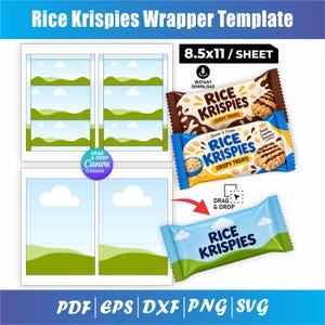 May include: A digital Rice Krispies wrapper template featuring 8.5x11 inch sheet layouts, editable Canva drag and drop elements, and example snack bar packaging designs in brown, blue, and light blue with white cloud and green hill graphics.