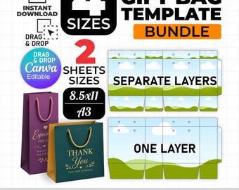 Paper Gift Bag Template | Editable Canva Gift Bag | Printable Party Favor & Loot Bag | DIY Packaging Template | 4 Sizes | Digital Download