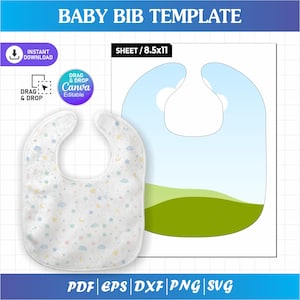 May include: A digital baby bib template featuring the text BABY BIB TEMPLATE, SHEET / 8.5x11, INSTANT DOWNLOAD, and DRAG & DROP Canva Editable. The image displays a physical white bib with a pastel star and cloud pattern next to a digital bib graphic.