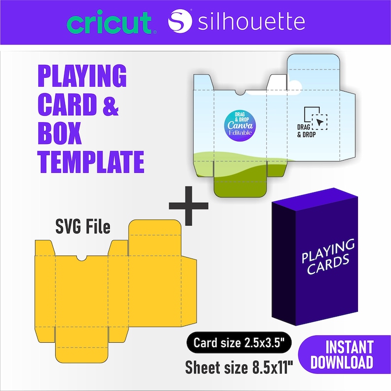 May include: A digital template for a playing card box, featuring a yellow and white box design, a purple playing card box, and the text "PLAYING CARD & BOX TEMPLATE". The card size is 2.5x3.5 inches, and the sheet size is 8.5x11 inches.