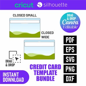 Puede incluir: Un paquete de plantillas digitales de tarjetas de cr&eacute;dito con dise&ntilde;os "CLOSED SMALL" y "CLOSED WIDE". Incluye opciones de "DRAG & DROP" y "DESCARGA INSTANT&Aacute;NEA". Compatible con Cricut, Silhouette y Canva. Disponible en formatos PDF, EPS, SVG, PNG y DXF.