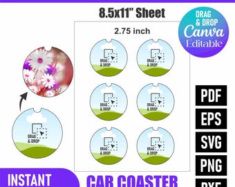 Plantilla de lienzo para posavasos de coche de 2,75" / Diseño de portavasos para sublimación (descarga digital)