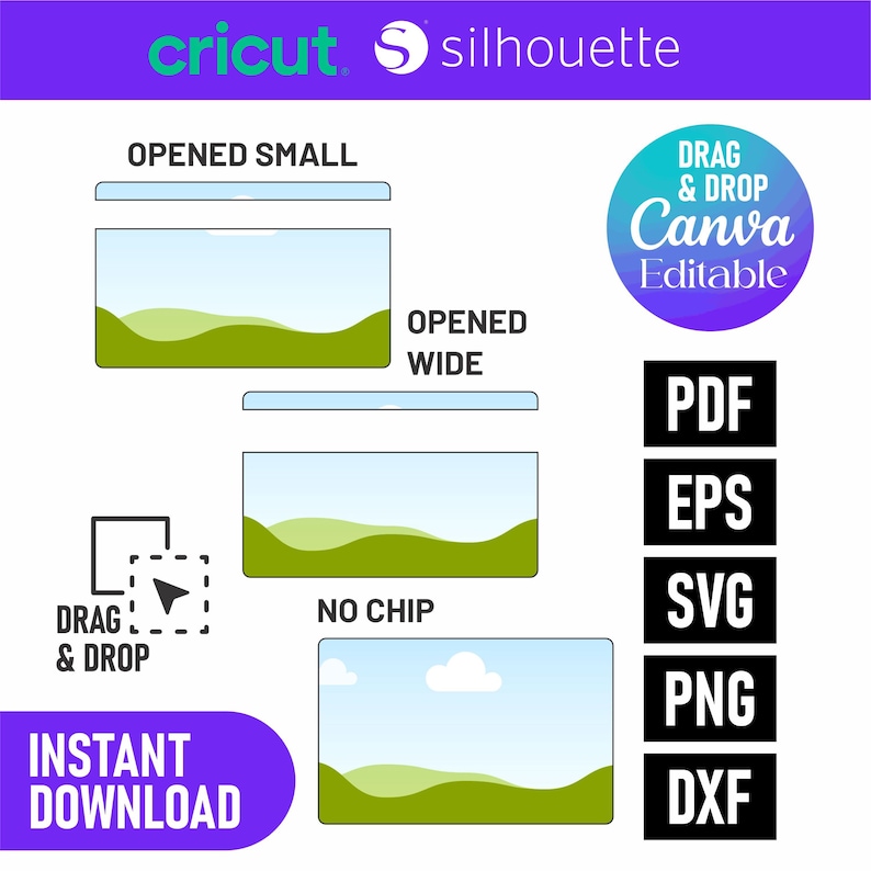 Puede incluir: Gr&aacute;fico con los logotipos de Cricut y Silhouette, y los textos "ABIERTO PEQUE&Ntilde;O", "ABIERTO AMPLIO" y "SIN CHIP". Incluye "DRAG & DROP Canva Editable" e iconos de tipo de archivo para PDF, EPS, SVG, PNG y DXF. Tambi&eacute;n est&aacute;n presentes las palabras "DESCARGA INSTANT&Aacute;NEA".