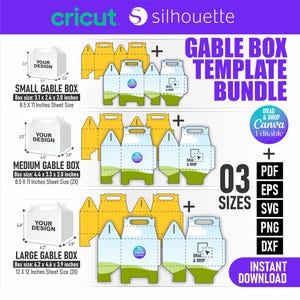 Puede incluir: Un paquete de plantillas digitales para cajas gable en tres tamaños, con dimensiones en centímetros. La imagen muestra los diseños de las cajas, incluyendo una caja pequeña (7,9cm x 6,1cm x 5,1cm), una caja mediana (11,2cm x 8,4cm x 7,1cm) y una caja grande (15,7cm x 11,7cm x 9,9cm). El paquete incluye formatos PDF, EPS, SVG, PNG y DXF.