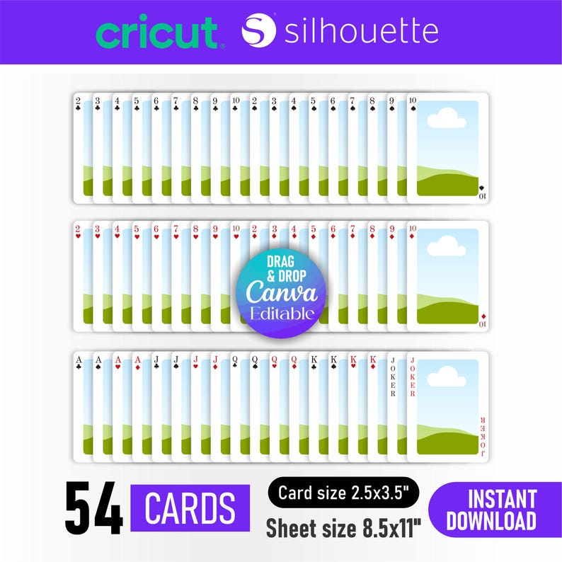 May include: A deck of 54 playing cards with a landscape design, including Jokers. The cards are 2.5 x 3.5 inches. The image includes the text "Drag & Drop Canva Editable" and "Instant Download".