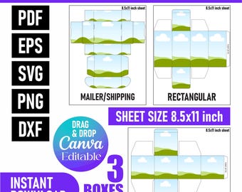 Rectangle & Cube Box SVG Bundle | Mailer and Gift Box Templates | Party Favor Canva Template