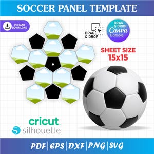 May include: A digital soccer panel template featuring a grid of hexagonal shapes, some black and some with landscape imagery, alongside a black and white soccer ball. Text includes SOCCER PANEL TEMPLATE, DRAG & DROP, SHEET SIZE 15x15, and file formats.