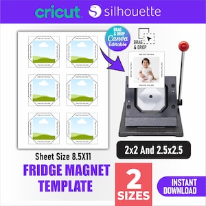 Puede incluir: Una troqueladora de metal negro con un pomo de mango rojo, junto a una hoja blanca de 8.5x11 pulgadas con seis plantillas octogonales con imágenes y texto de marcador de posición. El gráfico incluye el texto Fridge Magnet Template, 2x2 y 2.5x2.5.
