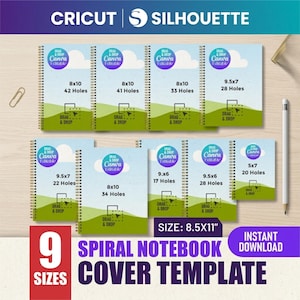 May include: A collection of nine spiral notebook cover templates featuring a light blue sky and green hills graphic. Each template includes text indicating specific dimensions in inches and hole counts, along with a circular Canva editable icon.