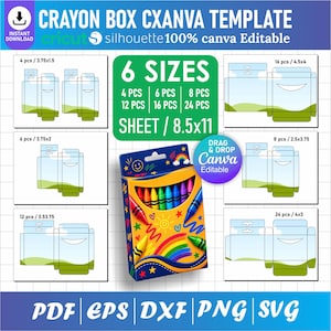 Op de afbeelding: Een digitaal sjabloon voor een krijtjesdoos in zes maten voor 4, 6, 8, 12, 16 en 24 stuks. Het ontwerp toont een blauwe doos met illustraties van kleurpotloden, een regenboog en sterren. Tekst bevat CRAYON BOX CANVA TEMPLATE en 6 SIZES.