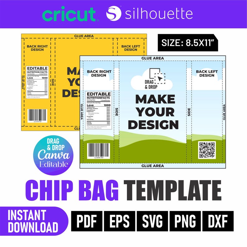 May include: A chip bag template design with the text "MAKE YOUR DESIGN" and "CHIP BAG TEMPLATE". The template is 21.59cm x 27.94cm. Includes "PDF", "EPS", "SVG", "PNG", and "DXF" file formats. The design is editable with Canva.