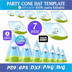 Pode incluir: Um modelo digital de chapéu de festa cônico em sete tamanhos, variando de 7,6 a 26,7 cm. O design inclui um céu azul com nuvens brancas e colinas verdes. A imagem mostra modelos planos e cones montados com etiquetas de texto, incluindo formatos de arquivo PDF, EPS, DXF, PNG e SVG.
