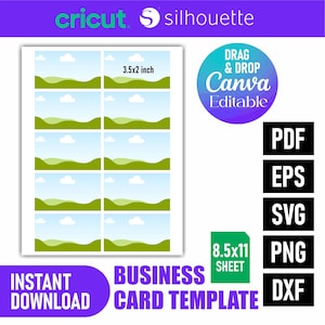 May include: A white business card template with a landscape design, featuring the text "3.5x2 inch". The image includes the text "DRAG & DROP Canva Editable", "INSTANT DOWNLOAD", and "BUSINESS CARD TEMPLATE". File formats include PDF, EPS, SVG, PNG, and DXF.