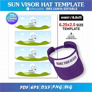 Peut inclure: Un modèle numérique de visière de soleil comprenant une feuille de 21,59x27,94 cm et des gabarits de 15,88x6,35 cm. Le design présente une visière violette avec un panneau frontal blanc affichant le texte MAKE YOUR DESIGN en lettres noires.