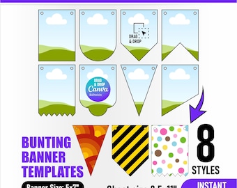 Editable Bunting Banner Templates for Party Favour and Canva Drag & Drop Design for Birthday Flags