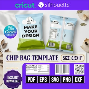 Peut inclure: Un modèle de sachet de chips bleu clair avec des accents verts et blancs. Le design comprend le texte "MAKE YOUR DESIGN" et "CHIP BAG TEMPLATE SIZE: 21.6cm x 27.9cm". Le modèle est modifiable et téléchargeable instantanément.