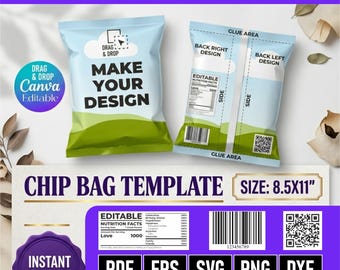 May include: A light blue chip bag template with green and white accents. The design includes the text "MAKE YOUR DESIGN" and "CHIP BAG TEMPLATE SIZE: 8.5x11". The template is editable and available for instant download.