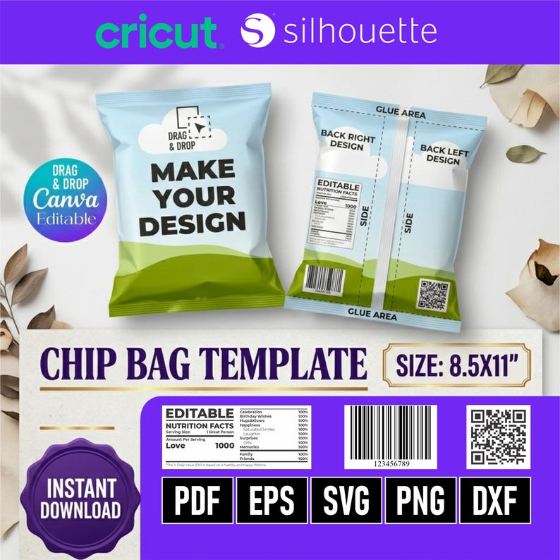 May include: A light blue chip bag template with green and white accents. The design includes the text "MAKE YOUR DESIGN" and "CHIP BAG TEMPLATE SIZE: 21.6cm x 27.9cm". The template is editable and available for instant download.