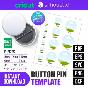 Puede incluir: Un botón blanco con un reverso y un alfiler de metal, junto a una hoja con plantillas circulares de varios tamaños, de 12 mm a 3 pulgadas. La imagen incluye el texto "Button Pin Template" y "Instant Download".