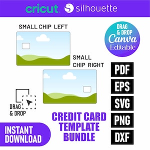 Puede incluir: Imagen que muestra dos plantillas de tarjetas de cr&eacute;dito con dise&ntilde;os de paisajes, etiquetadas como "Small Chip Left" y "Small Chip Right." La imagen incluye el texto "Credit Card Template Bundle," "Instant Download," y opciones de formato de archivo: PDF, EPS, SVG, PNG y DXF.